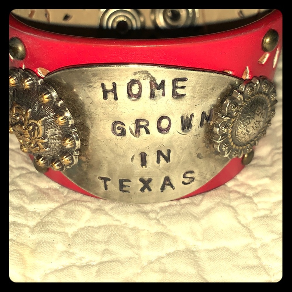 Red Leather “Home Grown in Texas” Boho, Western Style Bracelet
